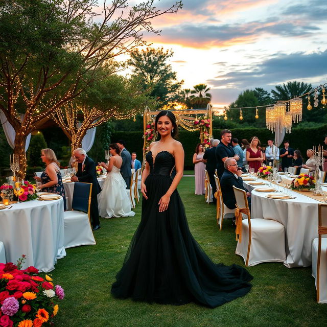 A beautiful outdoor wedding scene featuring a bride in a stunning black wedding dress