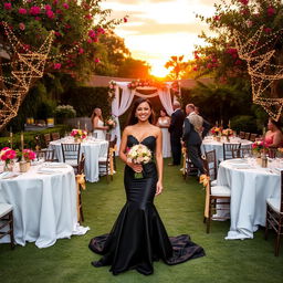 A beautiful outdoor wedding scene featuring a bride in a stunning black wedding dress
