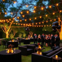 An elegant outdoor party scene with a sophisticated black theme