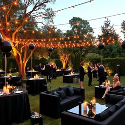 An elegant outdoor party scene with a sophisticated black theme