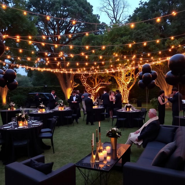 An elegant outdoor party scene with a sophisticated black theme