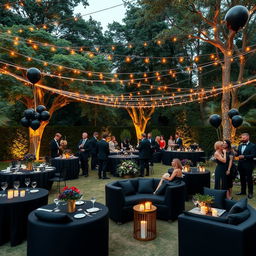 An elegant outdoor party scene with a sophisticated black theme