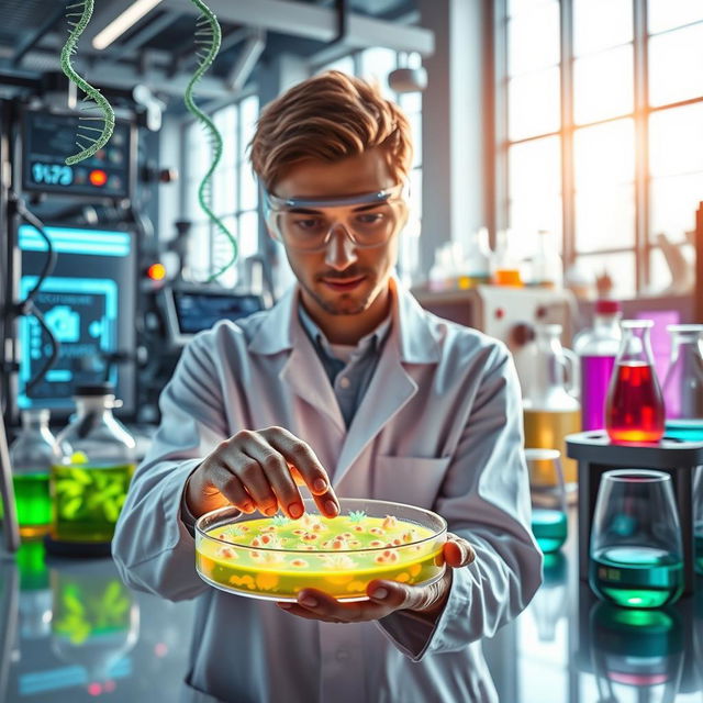 A visually striking representation of biotechnology, featuring a futuristic laboratory filled with advanced equipment