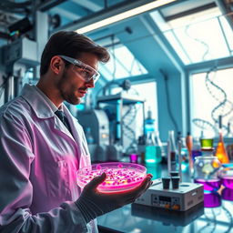 A visually striking representation of biotechnology, featuring a futuristic laboratory filled with advanced equipment