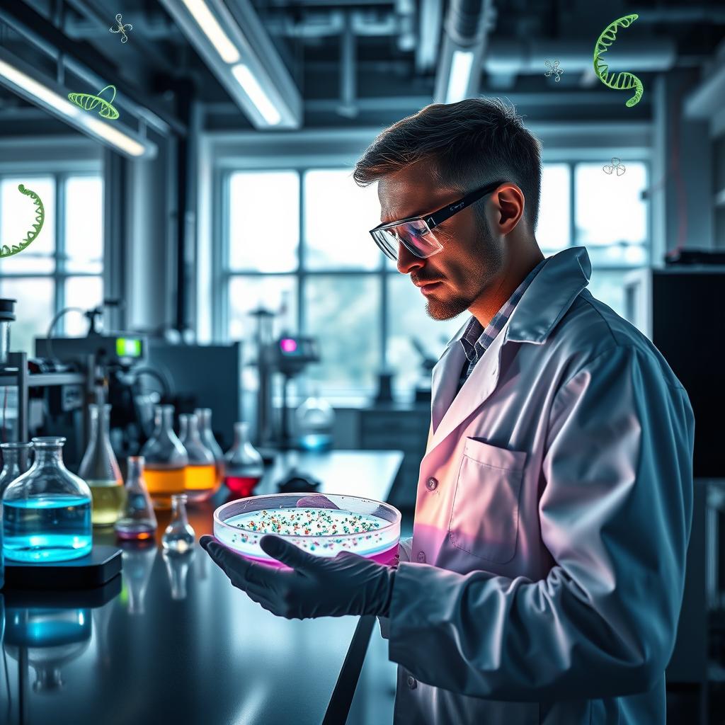 A visually striking representation of biotechnology, featuring a futuristic laboratory filled with advanced equipment