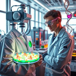 A visually striking representation of biotechnology, featuring a futuristic laboratory filled with advanced equipment