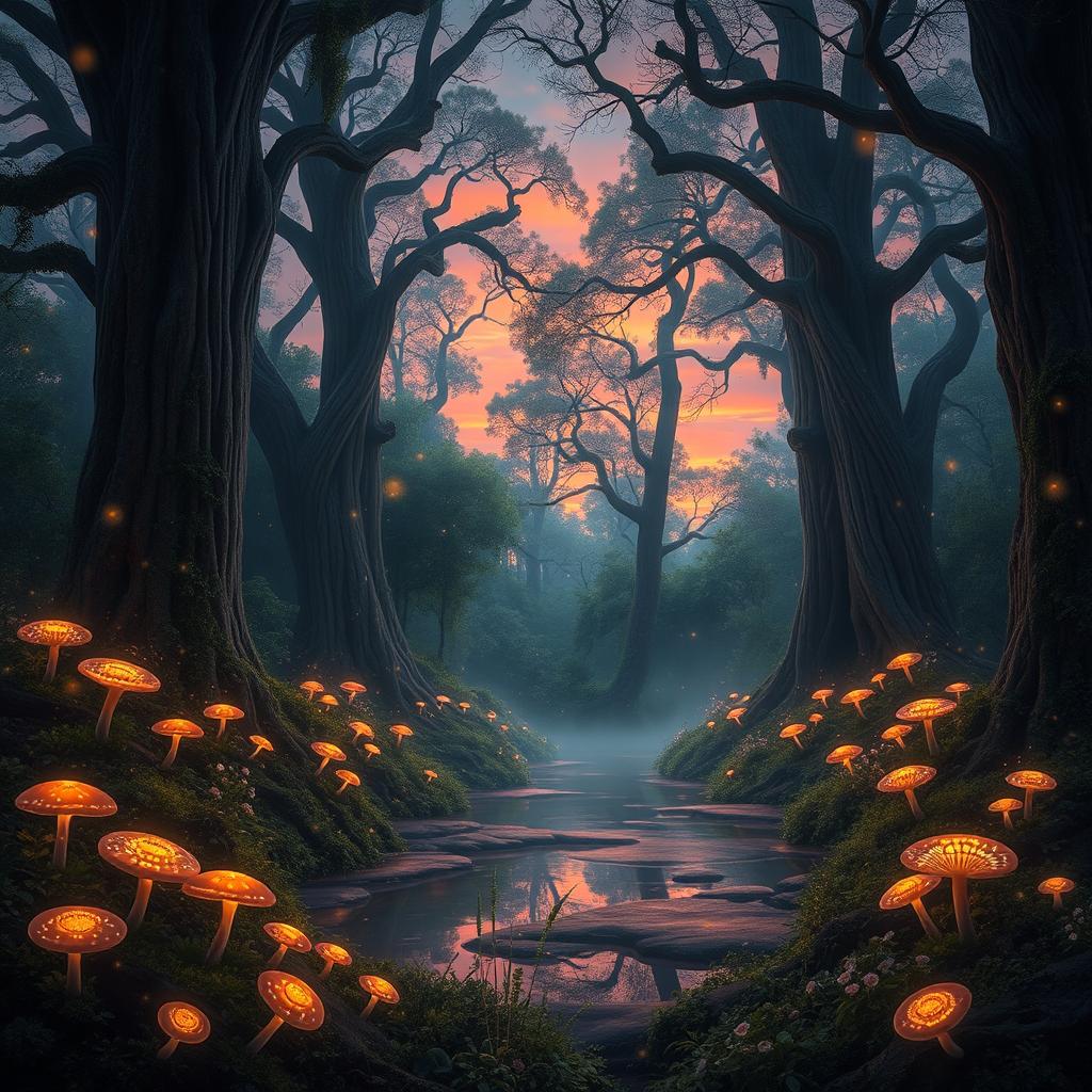 A mystical forest at dusk, with towering ancient trees adorned with luminescent flowers and glowing mushrooms