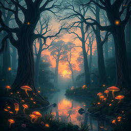 A mystical forest at dusk, with towering ancient trees adorned with luminescent flowers and glowing mushrooms