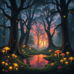A mystical forest at dusk, with towering ancient trees adorned with luminescent flowers and glowing mushrooms