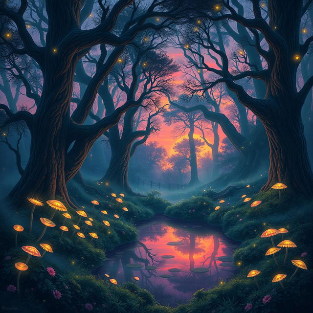 A mystical forest at dusk, with towering ancient trees adorned with luminescent flowers and glowing mushrooms