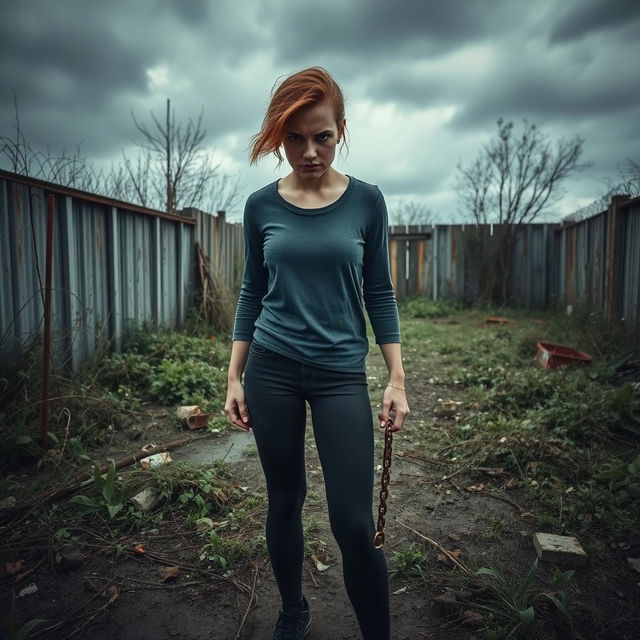 In an abandoned, dirty backyard filled with overgrown weeds and scattered debris, a young lady stands with an intense, angry expression on her face