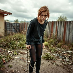 In an abandoned, dirty backyard filled with overgrown weeds and scattered debris, a young lady stands with an intense, angry expression on her face