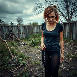 In an abandoned, dirty backyard filled with overgrown weeds and scattered debris, a young lady stands with an intense, angry expression on her face