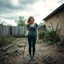 In an abandoned, dirty backyard filled with overgrown weeds and scattered debris, a young lady stands with an intense, angry expression on her face