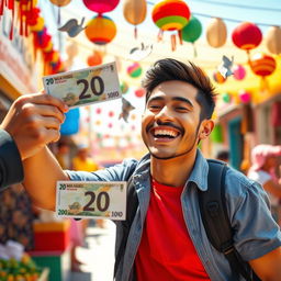 A vibrant and artistic representation of a playful scene where someone named Miguel is joyfully having 20 soles (Peruvian currency) being gifted to him