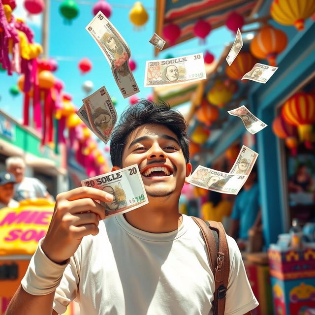 A vibrant and artistic representation of a playful scene where someone named Miguel is joyfully having 20 soles (Peruvian currency) being gifted to him