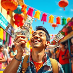 A vibrant and artistic representation of a playful scene where someone named Miguel is joyfully having 20 soles (Peruvian currency) being gifted to him