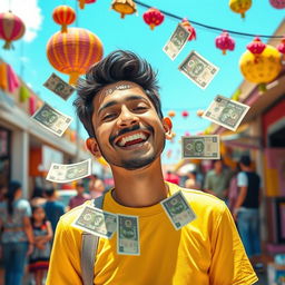 A vibrant and artistic representation of a playful scene where someone named Miguel is joyfully having 20 soles (Peruvian currency) being gifted to him