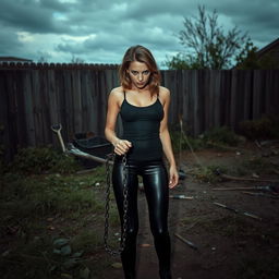 In an abandoned, dirty backyard filled with overgrown grass and scattered debris, a young lady stands with a fierce, angry expression on her face