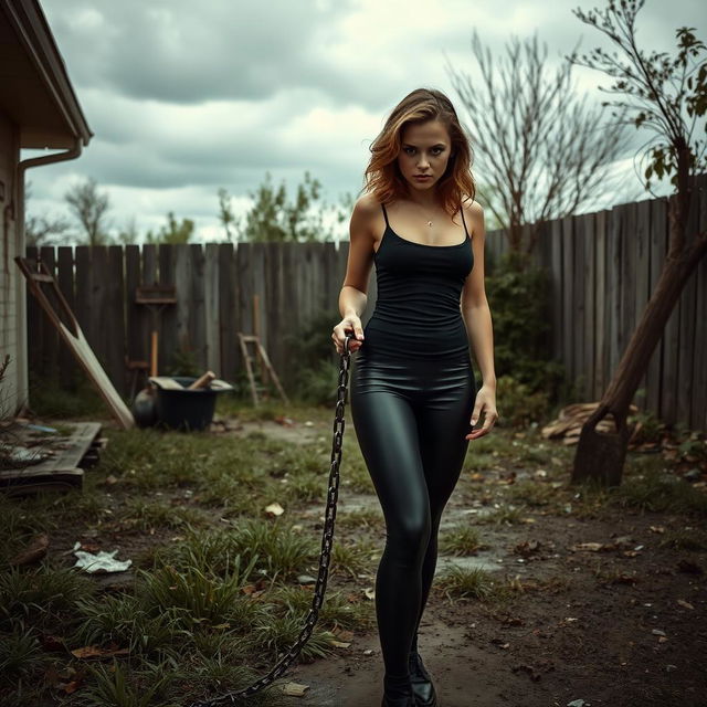 In an abandoned, dirty backyard filled with overgrown grass and scattered debris, a young lady stands with a fierce, angry expression on her face