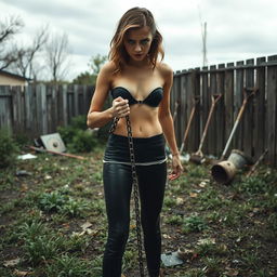 In an abandoned, dirty backyard filled with overgrown grass and scattered debris, a young lady stands with a fierce, angry expression on her face