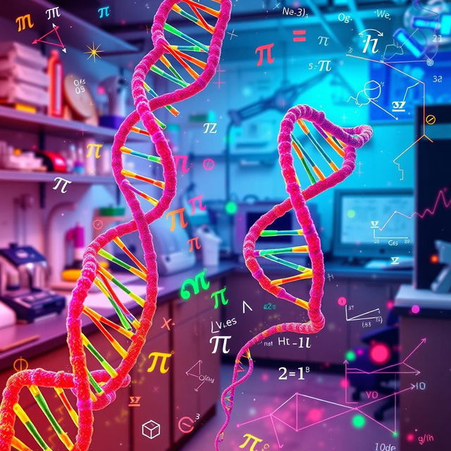 A vibrant and intricate visual representation of genetic concepts and probability, featuring colorful DNA strands intertwined with mathematical symbols like pi and sigma