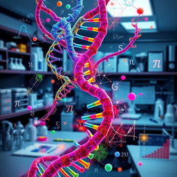 A vibrant and intricate visual representation of genetic concepts and probability, featuring colorful DNA strands intertwined with mathematical symbols like pi and sigma