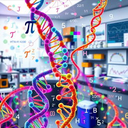 A vibrant and intricate visual representation of genetic concepts and probability, featuring colorful DNA strands intertwined with mathematical symbols like pi and sigma