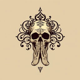 An artistic logo featuring a skull in a prayer position, with hands placed together in front of the face in a gesture of prayer