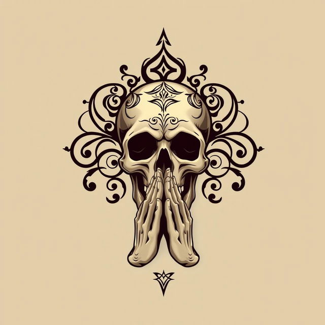 An artistic logo featuring a skull in a prayer position, with hands placed together in front of the face in a gesture of prayer