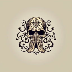An artistic logo featuring a skull in a prayer position, with hands placed together in front of the face in a gesture of prayer