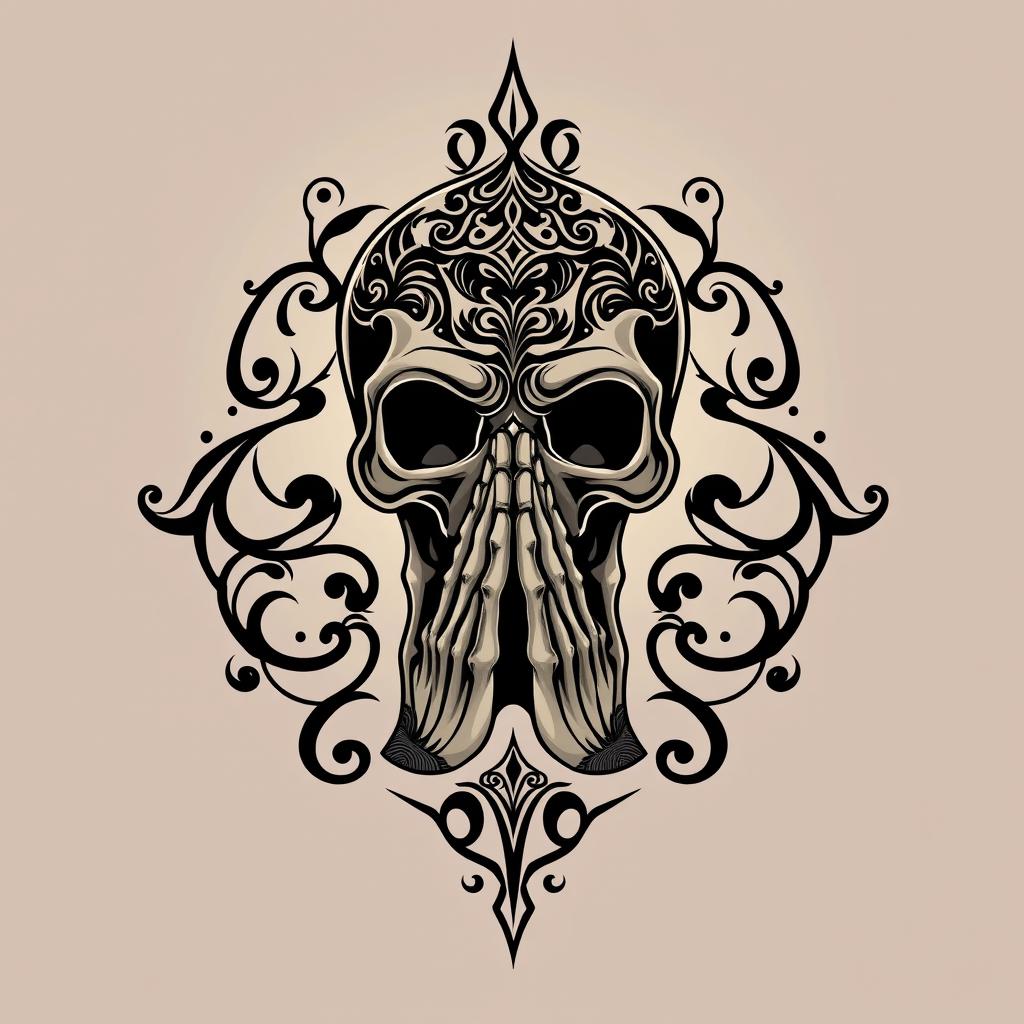 An artistic logo featuring a skull in a prayer position, with hands placed together in front of the face in a gesture of prayer