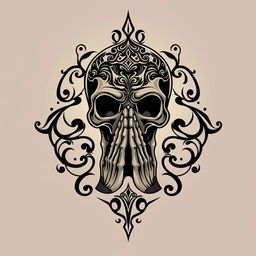 An artistic logo featuring a skull in a prayer position, with hands placed together in front of the face in a gesture of prayer