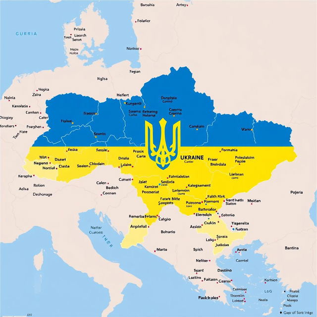 A detailed map highlighting the ongoing conflict in Ukraine, featuring the national flag of Ukraine prominently displayed