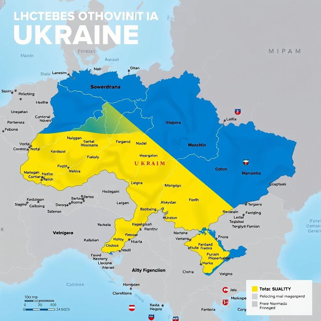 A detailed map highlighting the ongoing conflict in Ukraine, featuring the national flag of Ukraine prominently displayed