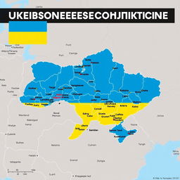 A detailed map highlighting the ongoing conflict in Ukraine, featuring the national flag of Ukraine prominently displayed