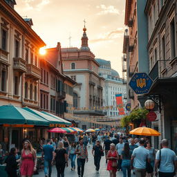 A striking visual composition capturing an urban landscape of a vibrant Ukrainian city, showcasing traditional architecture mixed with modern elements