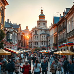 A striking visual composition capturing an urban landscape of a vibrant Ukrainian city, showcasing traditional architecture mixed with modern elements