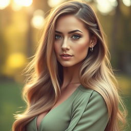 A beautiful woman with long, flowing hair, wearing a stylish outfit