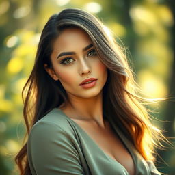 A beautiful woman with long, flowing hair, wearing a stylish outfit