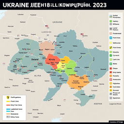 A detailed and informative map of Ukraine showcasing the current conflict zones, military presence, and control areas as of 2023
