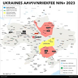 A detailed and informative map of Ukraine showcasing the current conflict zones, military presence, and control areas as of 2023