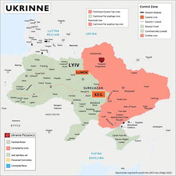 A detailed and informative map of Ukraine showcasing the current conflict zones, military presence, and control areas as of 2023