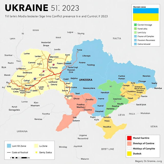 A detailed and informative map of Ukraine showcasing the current conflict zones, military presence, and control areas as of 2023