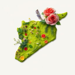 A beautifully designed map of Syria, embellished with an artistic overlay of various herbs and vivid roses