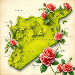 A beautifully designed map of Syria, embellished with an artistic overlay of various herbs and vivid roses