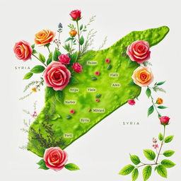 A beautifully designed map of Syria, embellished with an artistic overlay of various herbs and vivid roses