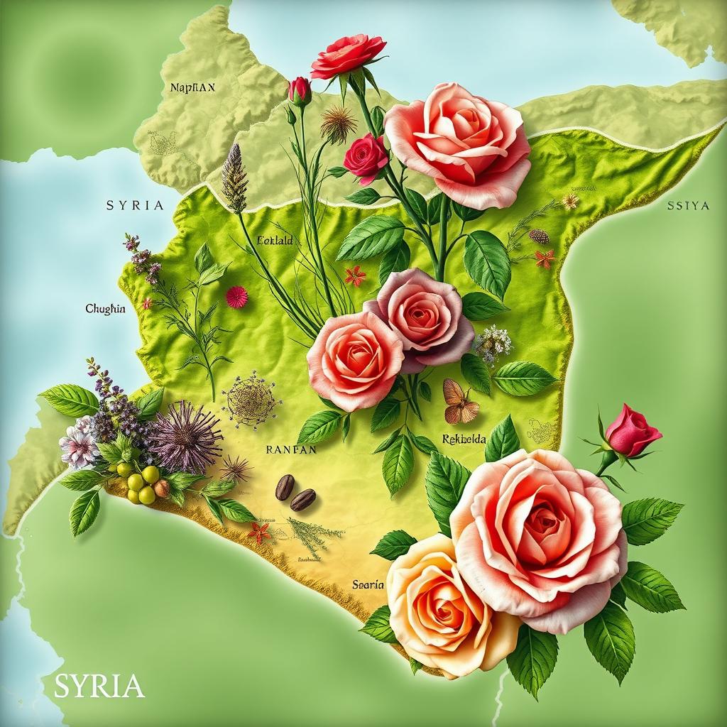 A beautifully designed map of Syria, embellished with an artistic overlay of various herbs and vivid roses