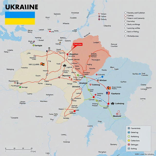 An intricate and detailed map depicting the current state of the Ukraine conflict, showcasing various front lines, control zones, and key cities