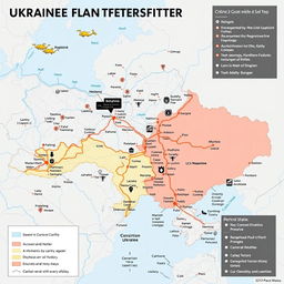 An intricate and detailed map depicting the current state of the Ukraine conflict, showcasing various front lines, control zones, and key cities